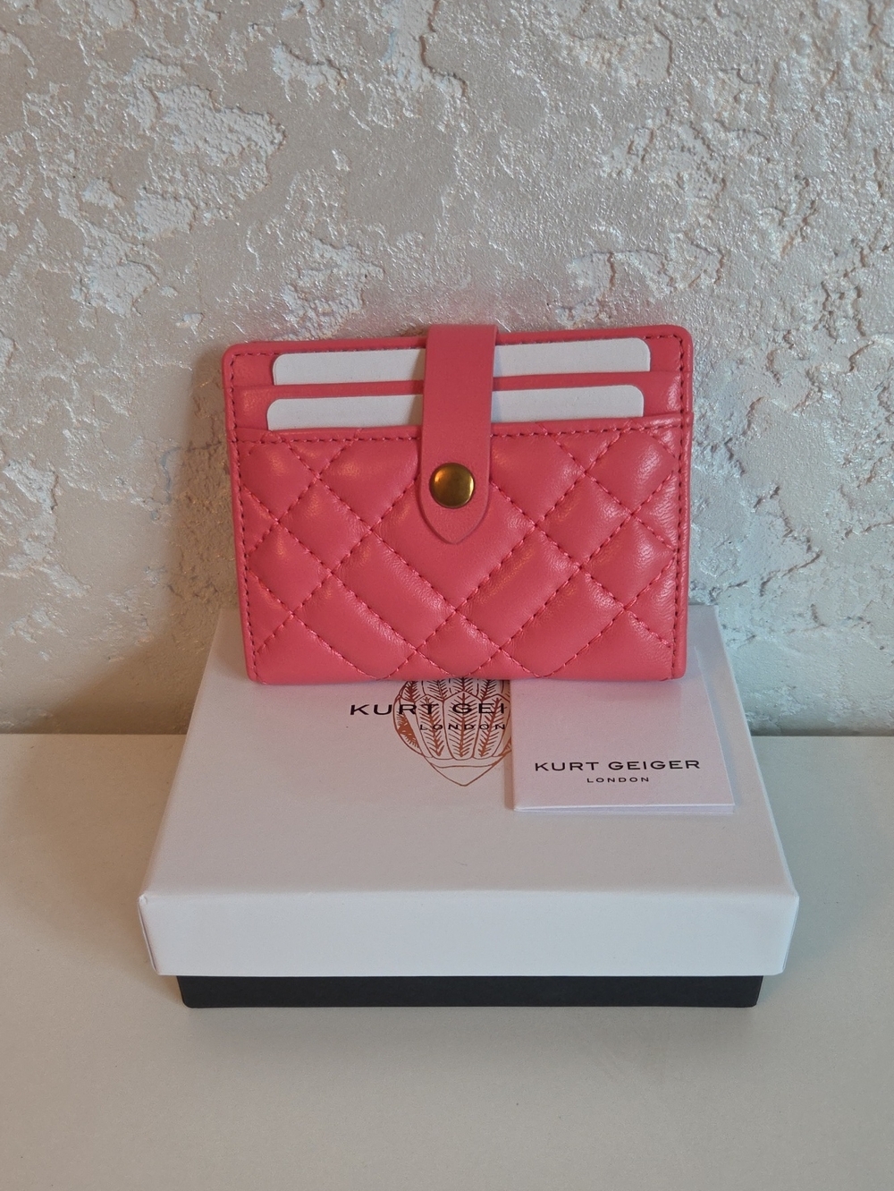 Kurt Geiger Quilted Rose Pink Card Case with Gold Snap